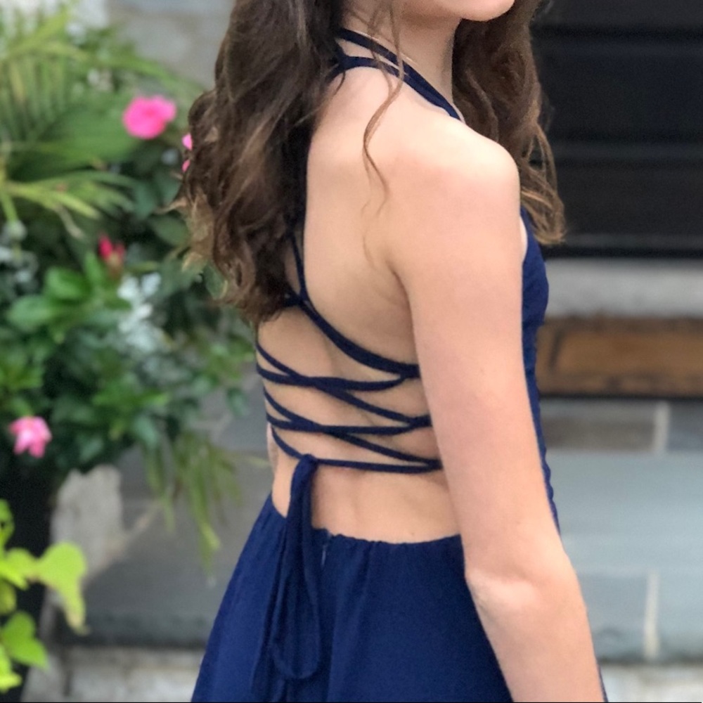 Lulus Lace Up Back Navy Homecoming Dress